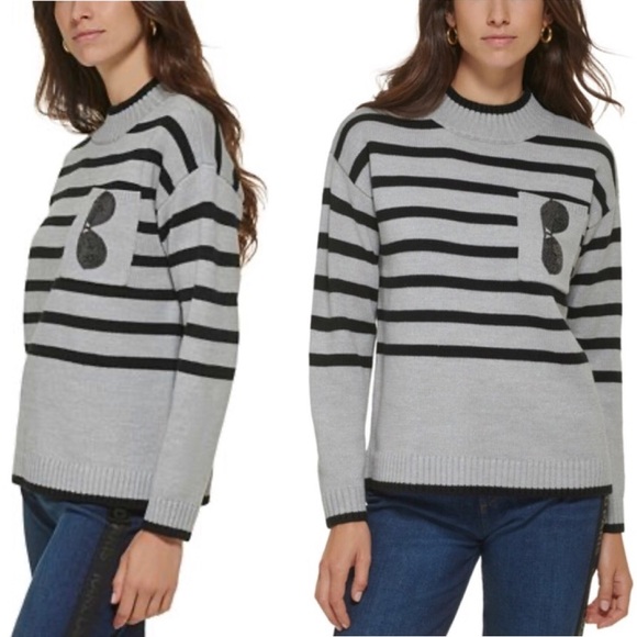 Karl Lagerfeld Paris Stripe Sequin Logo Black Gray Long Sleeves Sweater size XL - Picture 1 of 11